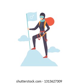 Woman Climber in Protective Helmet and Glasses Standing with Flag on Mountain peak Vector Illustration