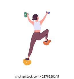 Woman climbing up in bouldering park. Girl climber training on stone wall, artificial mountain, gripping rocks with hands, legs. Sports exercise. Flat vector illustration isolated on white background