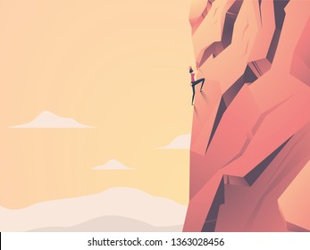 Woman Climbing Cliff Rock Face On Mountain In Sunset Vector Concept. Symbol Of Girl Power, Strength, Motivation, Ambition, Overcome Challenge. Extreme Sport, Active Lifestyle. Eps10 Illustration.