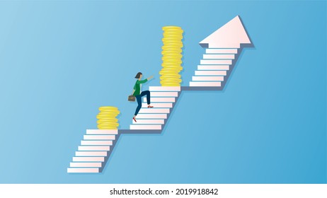 Woman climbing up for higher incomce. Dimension 16:9. Vector illustration. EPS10.