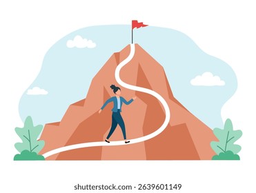 Woman climbing up the mountain. Climbing up the career ladder process. Career path to success.