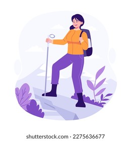 Woman climbing a mountain flat illustration