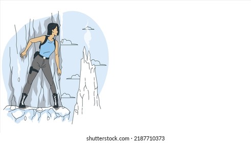 Woman Climbing Up The Mountain Illustration. Silhouette Of A Climber On A Vertical Wall. Athletic Woman Rock Climbing At Sunset. Outdoors Rock Climbing And Active Lifestyle Concept