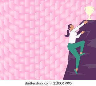 Woman Climbing Mountain Reaching Trophy Representing Successfully Achieving Goals. Lady Moving Upwards Hill Taking Prize Displaying Success Achievements.