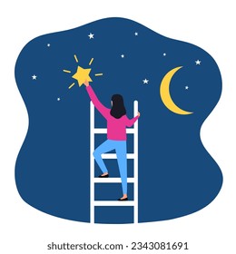 Mujer trepando en escalera al cielo y atrapando estrella en diseño plano. 