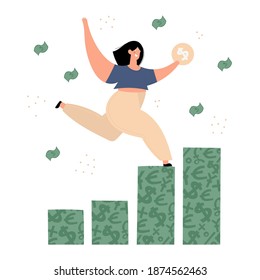 Woman climbing on money graph. Girl making money, reach financial success and independence. Personal finance, investments, personal capital, financial goals, financial and business growth concepts. 