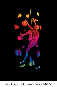 Woman climbing on the wall design using melting colors graphic vector.