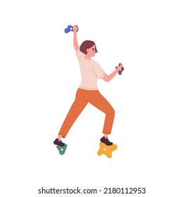 Woman climbing up rock wall, gripping artificial stones with hands. Active person exercising on fake mountain in sports bouldering park indoors. Flat vector illustration isolated on white background