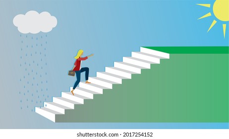 Woman climbing in stairs to better life. Dimension 16:9. Vector illustration.