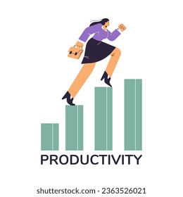 Woman climbing up the stairs. Business achievement, success strategy. Multiplying income and moving up the career ladder. Vector Productivity poster concept. Effective time management and workflow