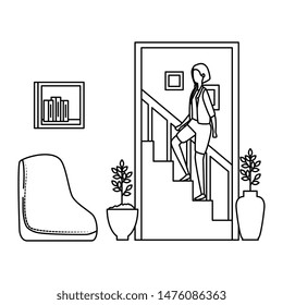 woman climbing the stairs in living room place scene