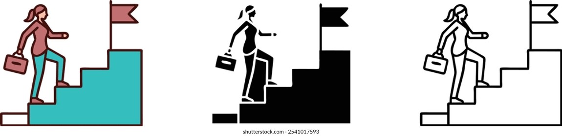 Woman Climbing Stairs To Success With Flag