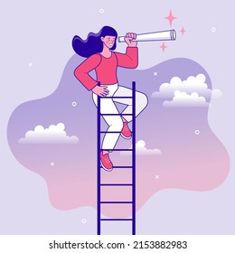 Woman climbing stairs Use a telescope to look into the future. business planning, career opportunities, and career ladder. successful businesswoman. growth and development. vector outline illustration