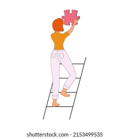 Woman climbing stepladder character. Mental health concept