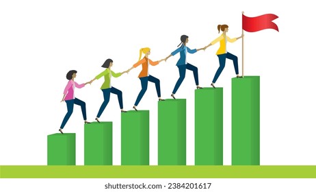 Woman climbing to top of graph, holding each other hands and putting down flag. Isolated. Vector illustration.