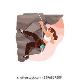 Woman is climbing to top of mountain. Sportswoman with safety rope is mountaineering, bouldering. Climber is hanging on cliff with harness. Flat isolated vector illustration on white background
