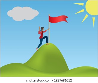 Woman climbing uphill, reach the top and put down red flag to indicate success. Hand with Victory sign. Vector illustration. EPS10.
