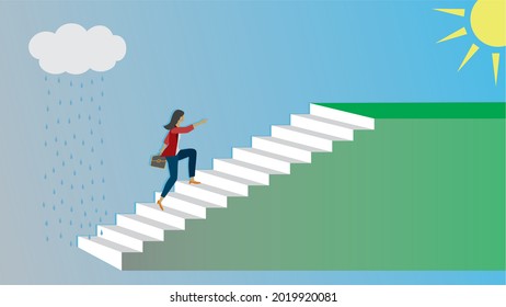 Woman climbing upstairs to better life. Dimension 16:9. Vector illustration.