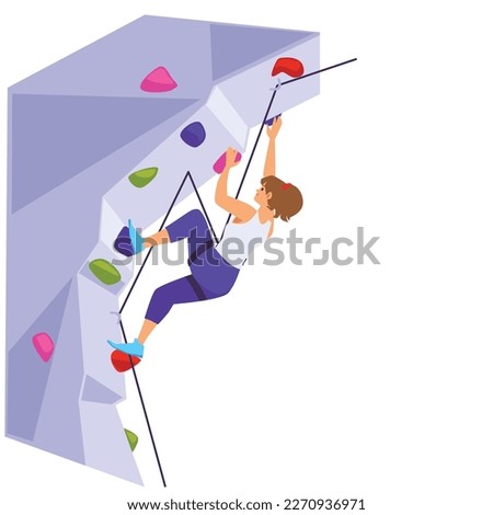 Woman climbing the wall in boulder gym, flat vector illustration isolated on white background. Indoor climbing workout. Concepts of sport, mountaineering and bouldering walls.