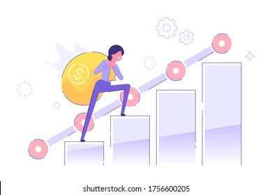 A woman climbs up the chart with a bag of money on his back. Investment, savings, earnings and financial goals concept. Modern vector illustration.