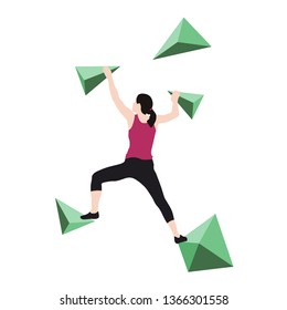 Woman climbs a climbing wall in a climbing gym isolated on a white background. Vector illustration.