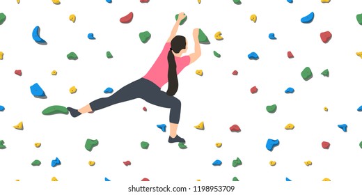 Woman climbs on a climbing wall in a climbing gym isolated on a white background. Vector illustration.