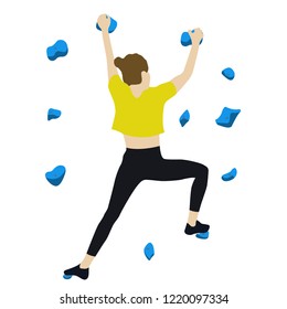 Woman climbs on a climbing wall in a climbing gym isolated on a white background. Vector illustration.