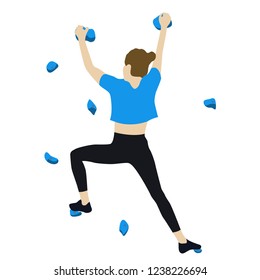 Woman climbs on a climbing wall in a climbing gym isolated on a white background. Vector illustration.
