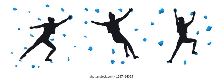 Woman climbs on a climbing wall in a climbing gym isolated on a white background. Vector illustration.