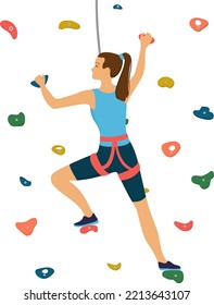 Woman climbs on a climbing wall in a climbing gym.Vector cartoon Illustration