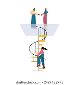 A woman climbs the stairs, but stumbles upon a glass ceiling above, men standing on it and talking. Invisible barrier. The concept of limiting women's career growth. Vector illustration.