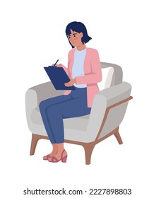 Woman with clipboard in armchair semi flat color vector character. Editable figure. Full body person on white. Simple cartoon style illustration for web graphic design and animation