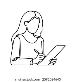 Woman with clipboard continuous one line drawing. Planning concept in simple linear style. Vector illustration.