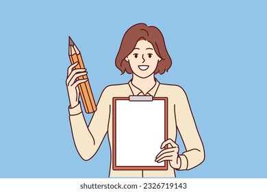 Woman with clipboard to create checklist or action plan, and giant pencil in hand. Girl offers to make plan to achieve success or solve problems and write down tasks that need to be completed on paper