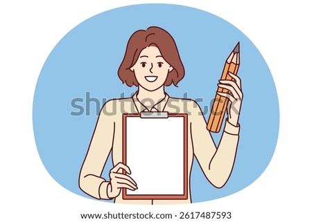 Woman with clipboard to create checklist or action plan, and giant pencil in hand. Girl offers to make plan to achieve success or solve problems and write down tasks that need to be completed on paper
