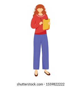 Woman With Clipboard Flat Vector Illustration. Volunteer, Office Manager, Social Service Worker Isolated Cartoon Character On White Background. Activist Collecting Signatures. Opinion Poll, Research