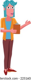 A woman with a clipboard pointing out or showing something business illustration. In an original abstract cubist flat modern cartoon style. 