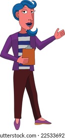 A woman with a clipboard pointing out or showing something business illustration. In an original abstract cubist flat modern cartoon style. 