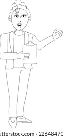 A woman with a clipboard pointing out or showing something business illustration. In an original abstract cubist flat modern cartoon style. 