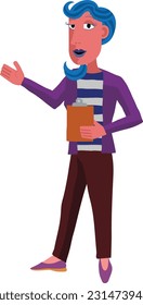 A woman with a clipboard pointing out or showing something business illustration. In an original abstract cubist flat modern cartoon style. 