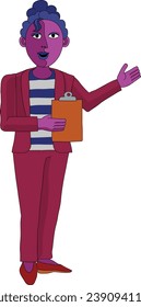 A woman with a clipboard pointing out or showing something business illustration. In an original abstract cubist flat modern cartoon style. 