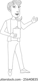 A woman with a clipboard pointing out or showing something business illustration. In an original abstract cubist flat modern cartoon style. 