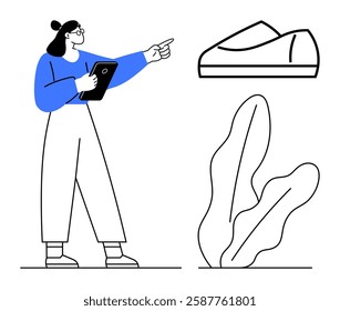 Woman with clipboard pointing at a shoe model. Large leaf plant in the foreground. Ideal for e-commerce, retail, technology integration, education, product demonstration, fashion industry, digital