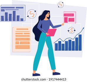 Woman with clipboard, project realisation plan. Flat design illustration. Vector