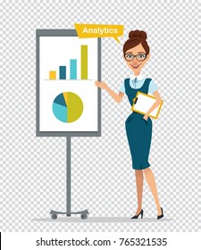 Woman with clipboard standing near flipchart.Concept Analitics.Woman showing diagram and histogram.Business illustration on transparent background.