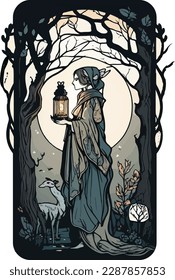 Woman in cloak holding a lantern in the forest, deer at feet