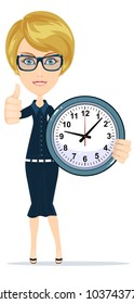 Woman with a clock against white background. Stock flat vector illustration.
