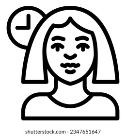 Woman and clock line icon, makeup routine concept, Woman activity on clock sign on white background, Girl and watch icon in outline style mobile concept web design. Vector graphics.