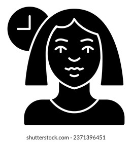Woman and clock solid icon, makeup routine concept, Woman activity on clock sign on white background, Girl and watch icon in glyph style for mobile concept and web design. Vector graphics