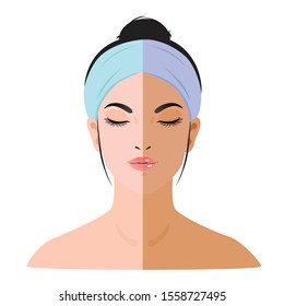 Woman close eye face portrait two tone skin.